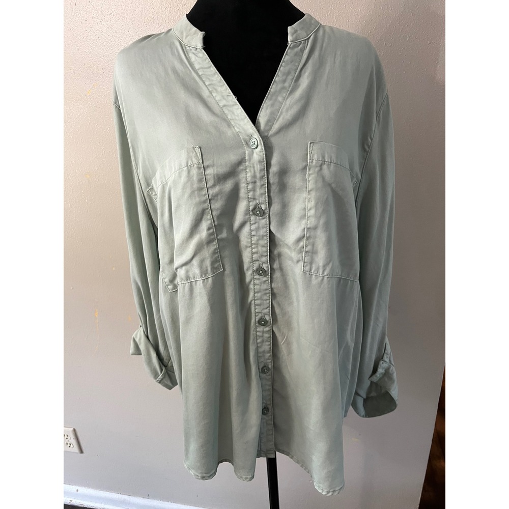 CHICO'S Utility Blouse Button Down Women 3 L Sage Green Roll Tab Tunic Casual